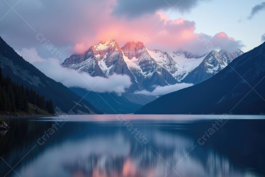 Foto Montanhas Nevadas Lago Reflexo Pôr do Sol Rosado