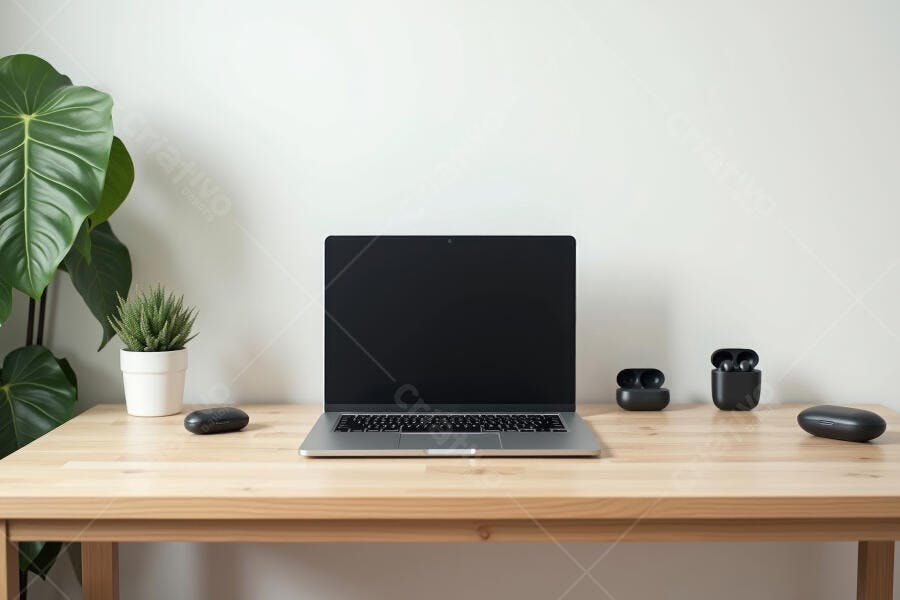Foto Notebook Aberto Mesa de Madeira Home Office Minimalista