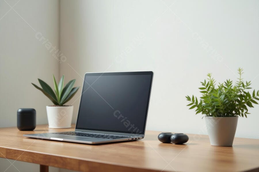 Foto Notebook Aberto Mesa de Madeira Ambiente Minimalista