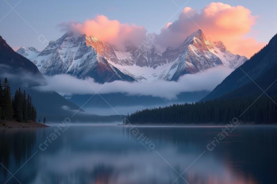 Foto Montanhas Nevadas Lago Azul Céu Rosa Amanhecer