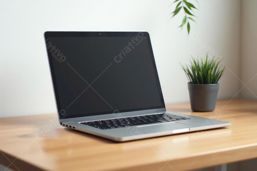 Foto Notebook Moderno Mesa de Madeira Planta Decorativa