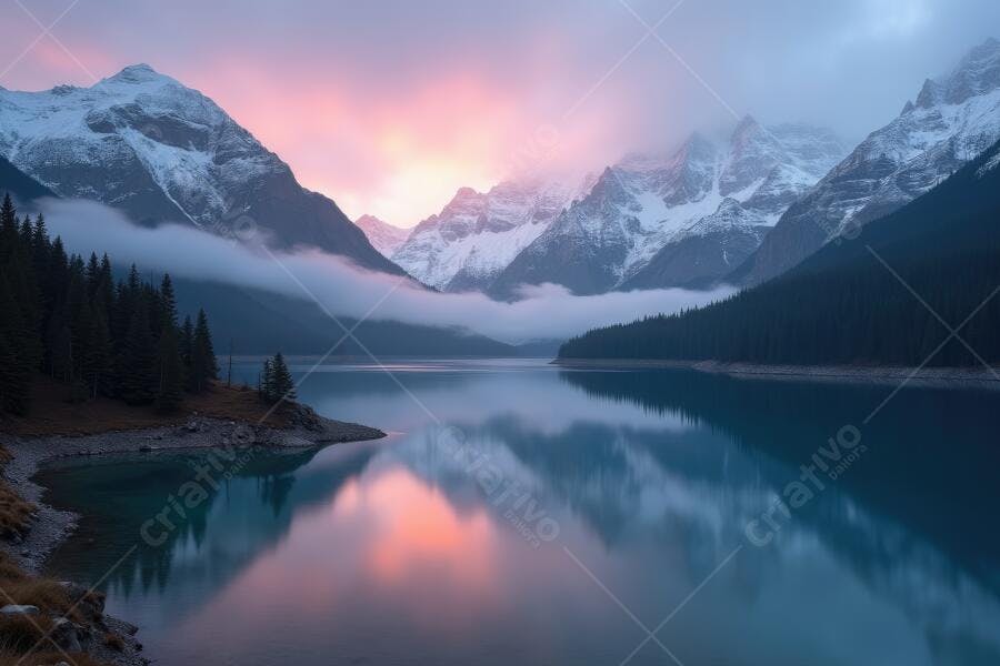 Foto Lago Montanhas Nevadas Céu Rosa Amanhecer Paisagem