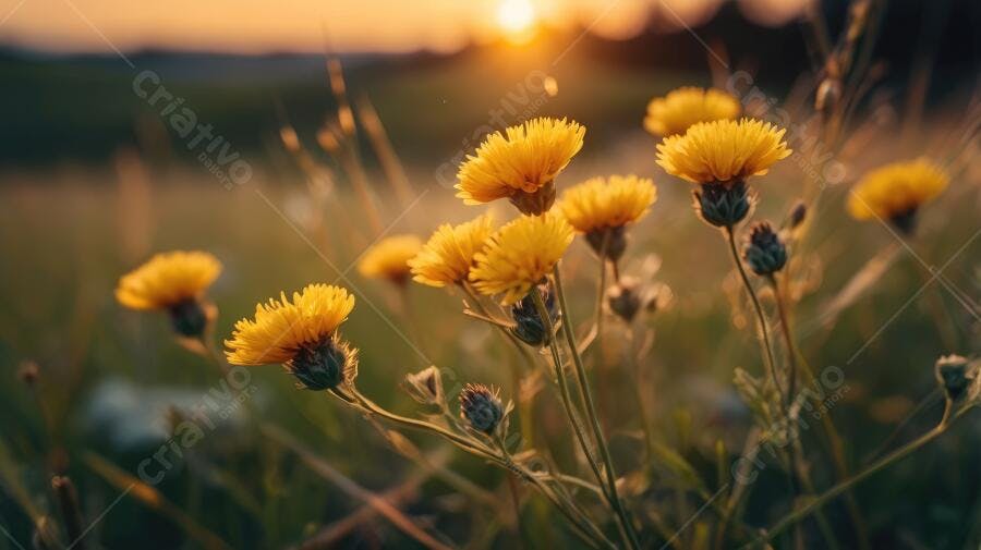 Foto Flores Amarelas Campo Pôr do Sol Dourado Natureza