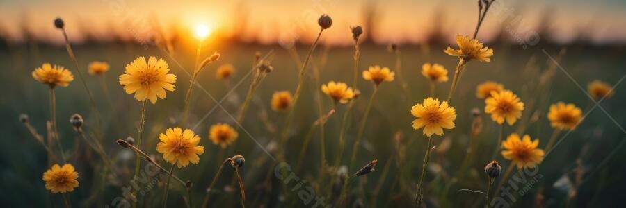 Foto Flores Amarelas Campo Pôr do Sol Dourado Natureza