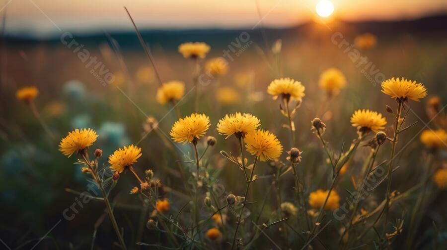 Foto Flores Amarelas Campo Pôr do Sol Natureza Dourada