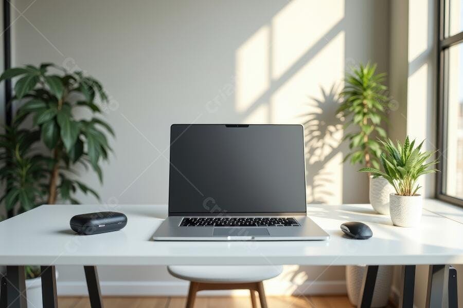 Foto Notebook Aberto Mesa Branca Escritório Home Office