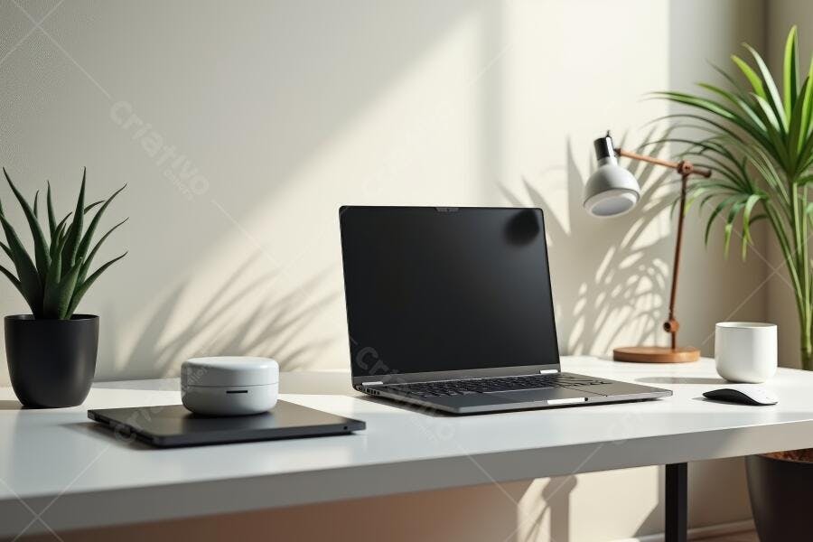 Foto Home Office Minimalista Notebook Mesa Branca Luz Natural