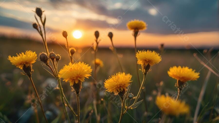 Foto Flores Amarelas Campo Pôr do Sol Dourado Natureza