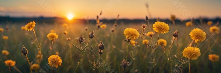 Foto Flores Amarelas Campo Pôr do Sol Dourado