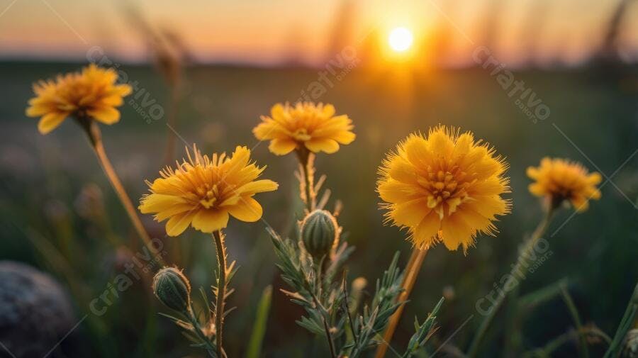 Foto Flores Amarelas Campo Pôr do Sol Dourado Natureza