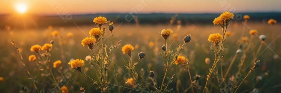 Foto Campo de Flores Amarelas Pôr do Sol Dourado