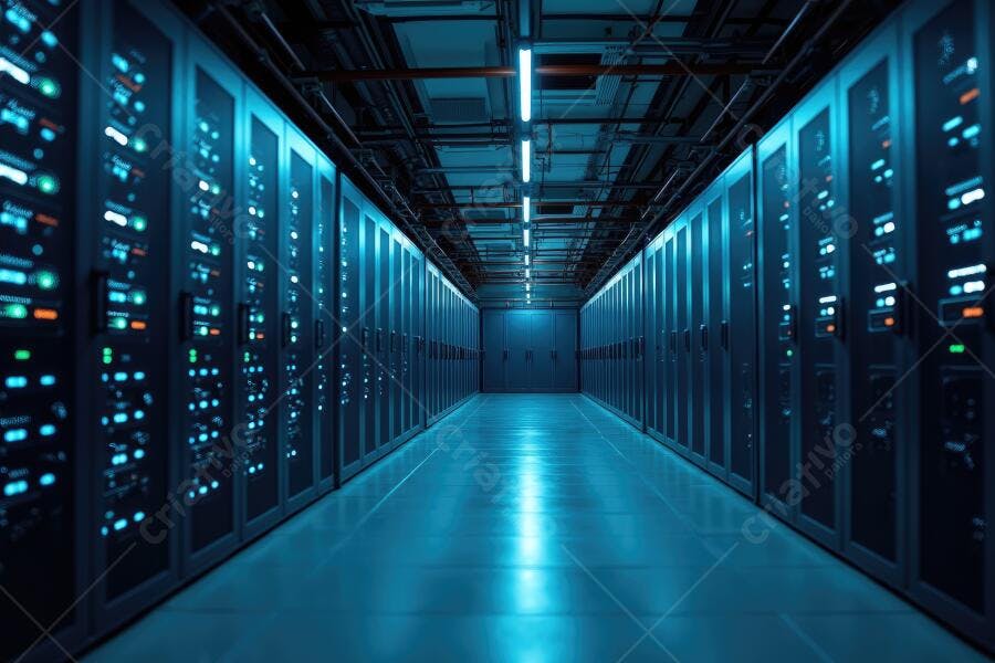 Foto Corredor Servidores Data Center Iluminação Azul