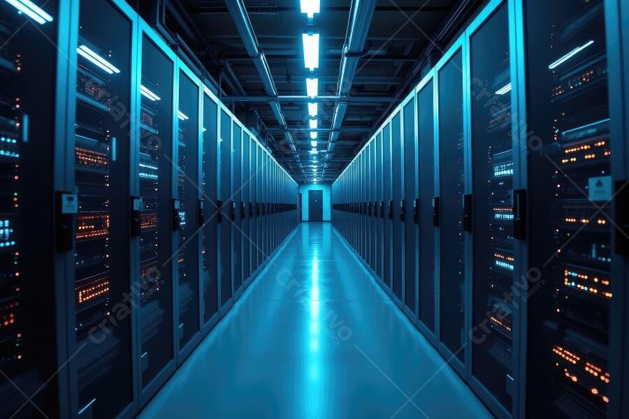 Foto Corredor Servidores Data Center Iluminação Azul
