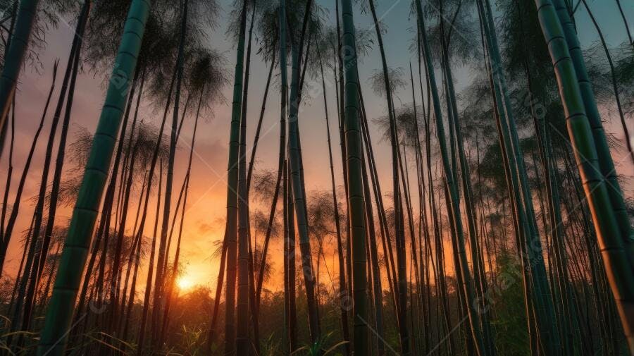 Foto Floresta de Bambu Pôr do Sol Céu Alaranjado Natureza