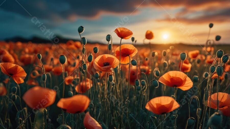 Foto Campo de Papoulas Alaranjadas Pôr do Sol Dourado