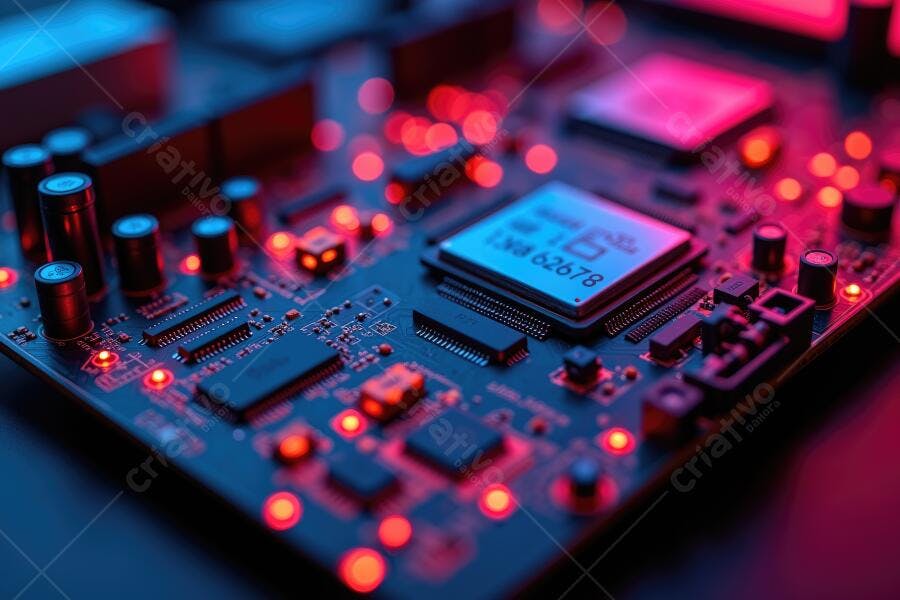 Foto Placa Mãe Circuito Eletrônico Iluminação Neon Vermelho Azul