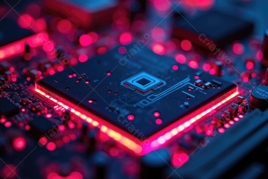 Foto Placa Mãe Processador Iluminação Neon Vermelha Tecnologia