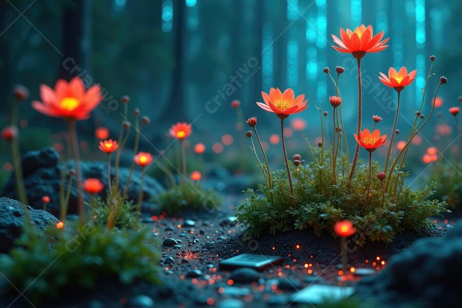 Foto Flores Laranjas Brilhantes Floresta Noturna Mágica