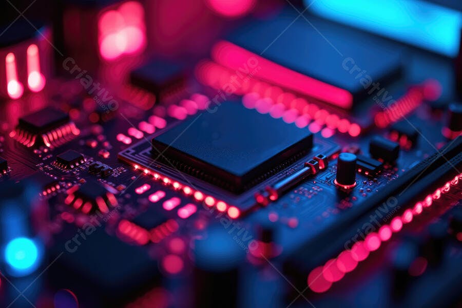 Foto Placa Mãe Circuito Impresso Iluminação Neon Tecnologia