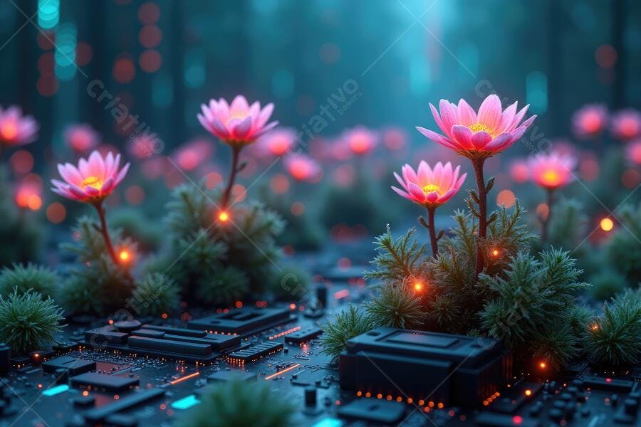 Foto Flores Rosas Digitais Circuito Eletrônico Tecnologia Natureza