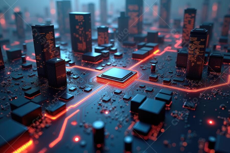 Foto Placa de Circuito Integrado com Luzes Neon Vermelhas