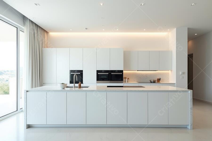 Foto Cozinha Moderna Branca Minimalista Ilha Central