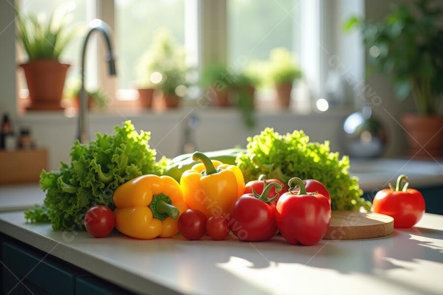 Foto Legumes Frescos Cozinha Doméstica Iluminação Natural