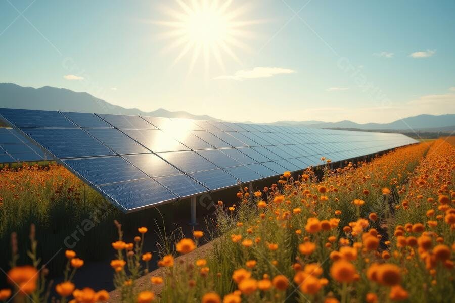 Foto Painéis Solares Campo Flores Energia Renovável Sustentável