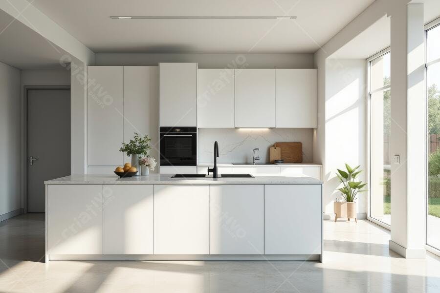 Foto Cozinha Moderna Branca Ilha Central Minimalista