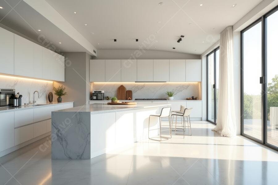 Foto Cozinha Moderna Branca Ilha de Mármore Design Minimalista