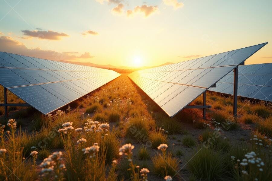 Foto Painéis Solares Campo Pôr do Sol Energia Limpa