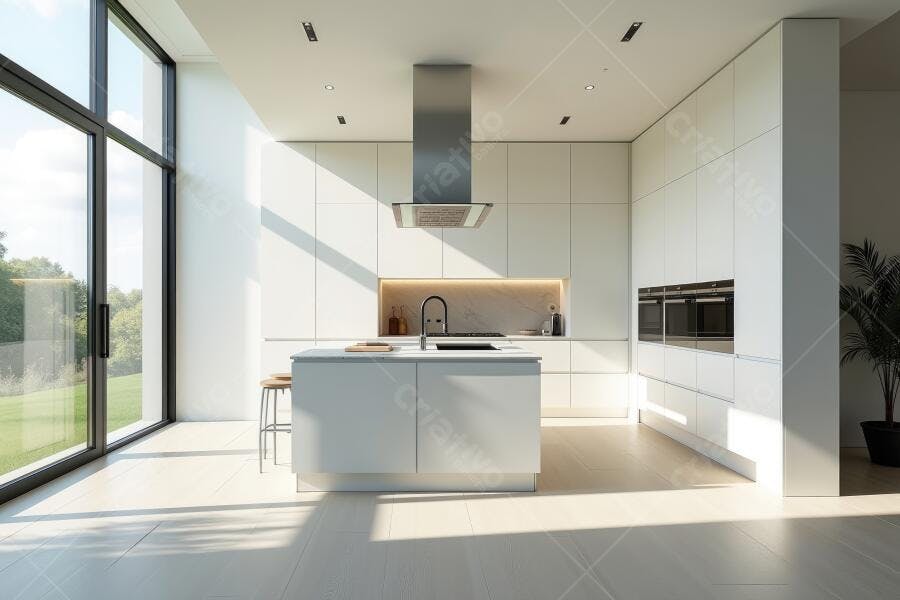 Foto Cozinha Moderna Branca Ilha Central Janela Grande