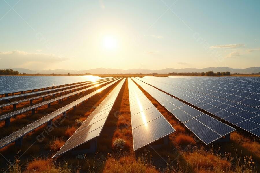Foto Painéis Solares Campo Aberto Pôr do Sol Energia Limpa