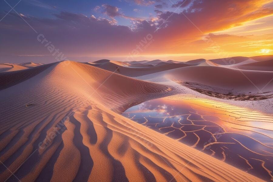Foto Deserto Dunas Pôr do Sol Refletido Água Rachada