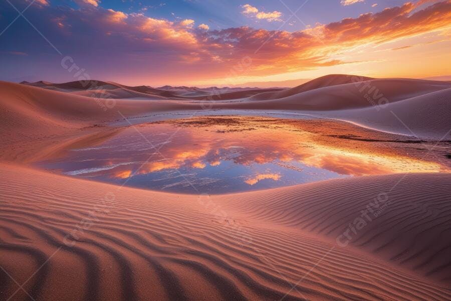 Foto Deserto Dunas Pôr do Sol Reflexo Água Céu Laranja Roxo