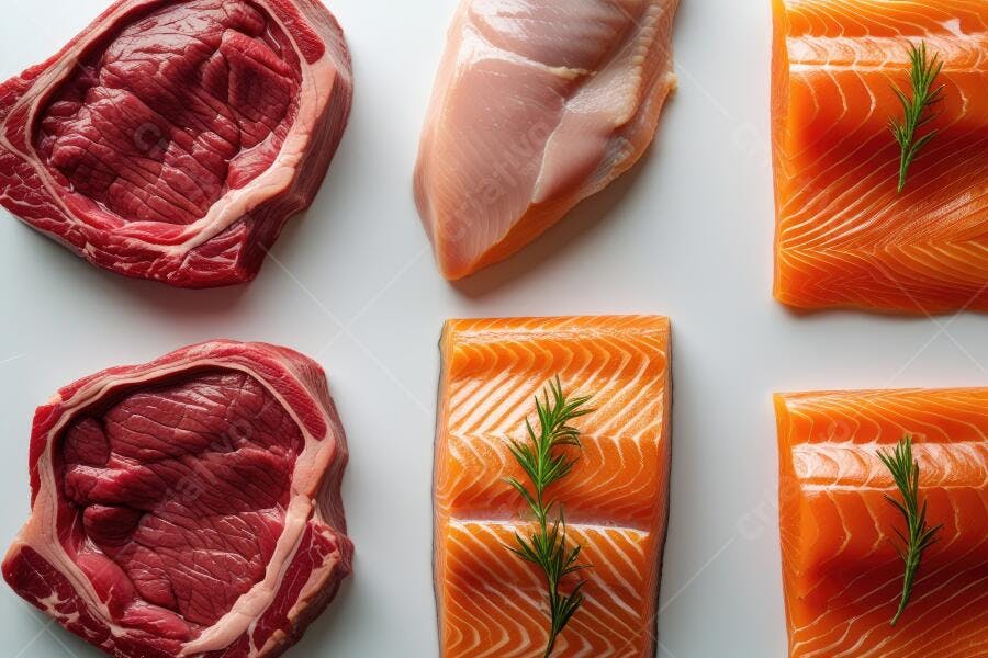 Foto Carnes Frango Salmão Frescos Flat Lay Fundo Branco