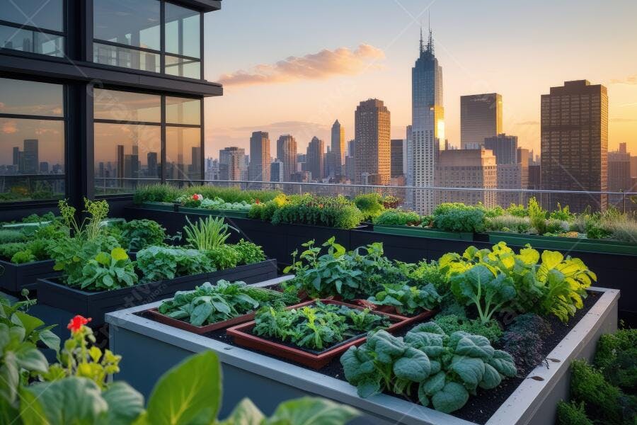 Foto Horta Urbana Rooftop Edifício Cidade Pôr do Sol