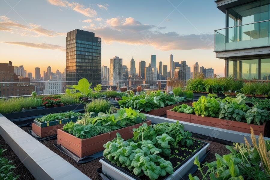 Foto Horta Urbana Telhado Prédio Cidade Pôr do Sol