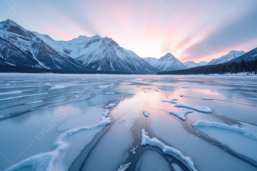 Foto Paisagem Montanhas Nevadas Lago Congelado Pôr do Sol
