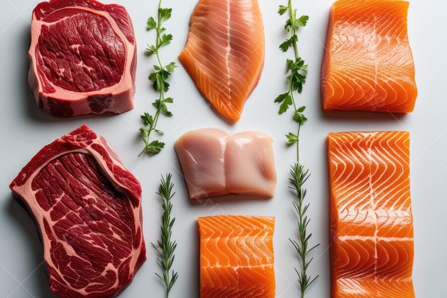 Foto Carnes Vermelhas Frango e Salmão Flat Lay Alimentos Frescos