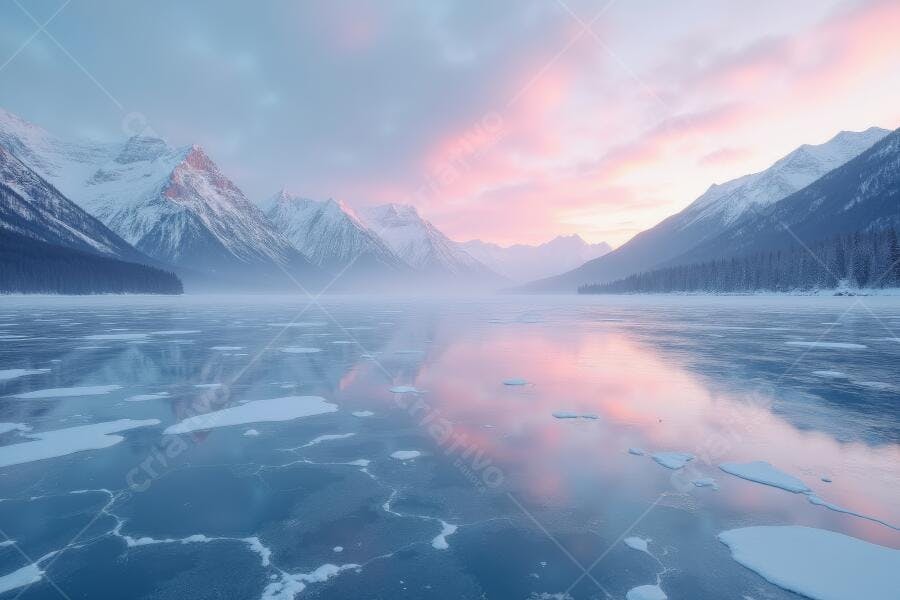 Foto Lago Congelado Montanhas Nevadas Céu Rosa Inverno