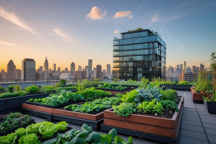 Foto Horta Urbana Telhado Prédio Cidade Entardecer