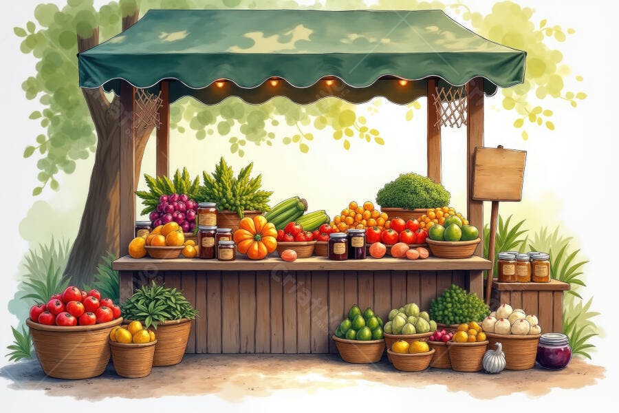 Foto Feira Livre Frutas Legumes Barraca de Rua Aquarela