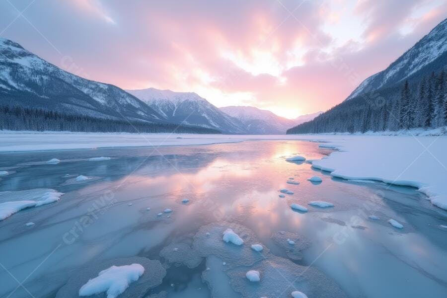 Foto Paisagem Inverno Lago Congelado Montanhas Nevadas Pôr do Sol