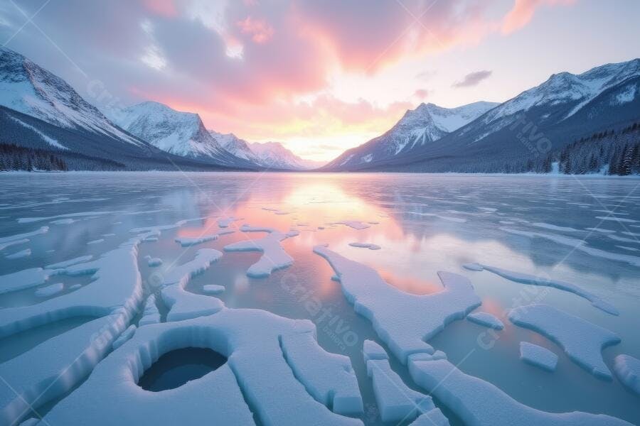 Foto Paisagem Lago Congelado Montanhas Nevadas Pôr do Sol Rosado