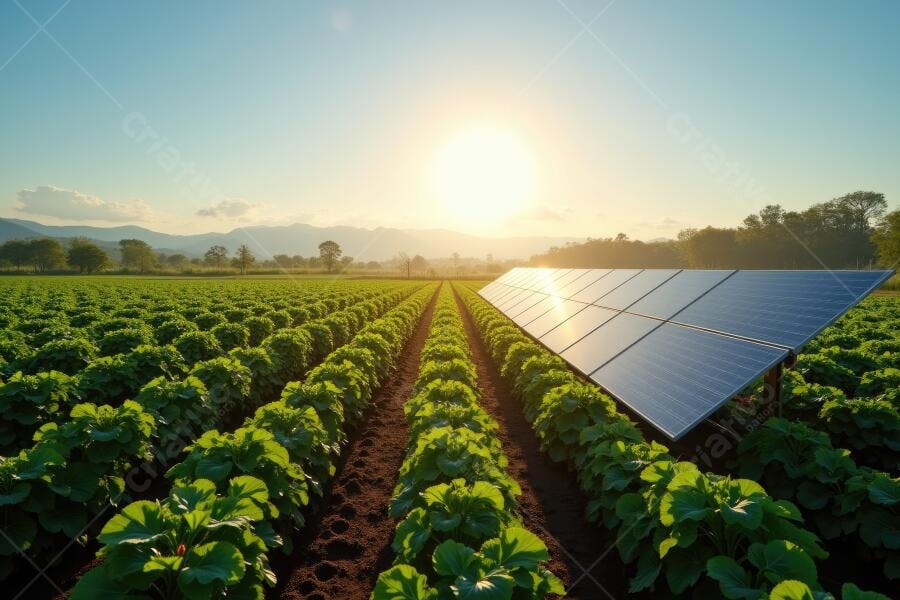 Foto Painel Solar Campo Agrícola Pôr do Sol Energia Limpa