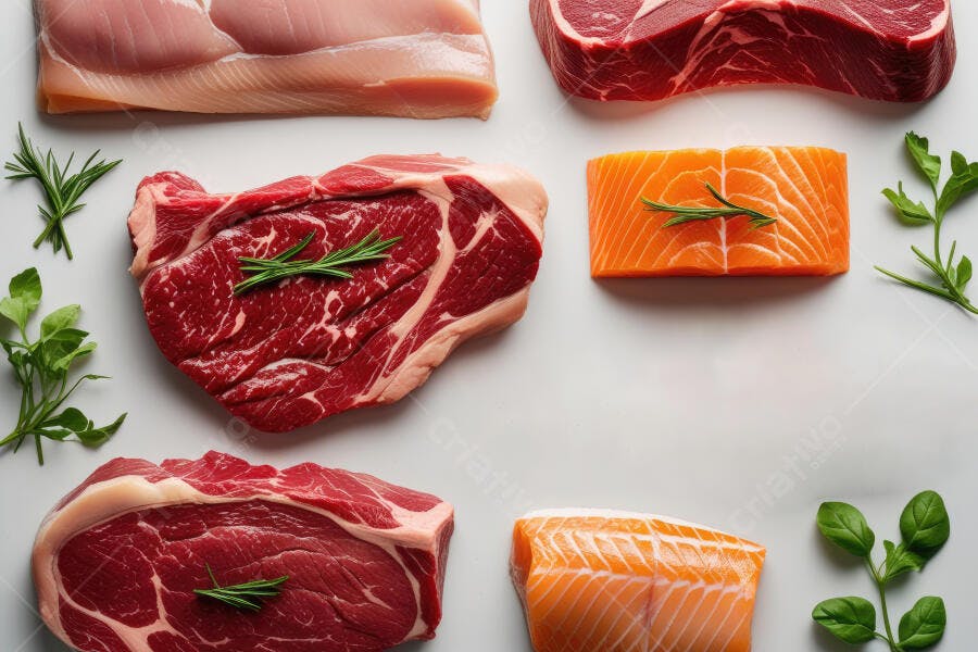 Foto Carnes Vermelhas Frango Salmão Frescos Flat Lay