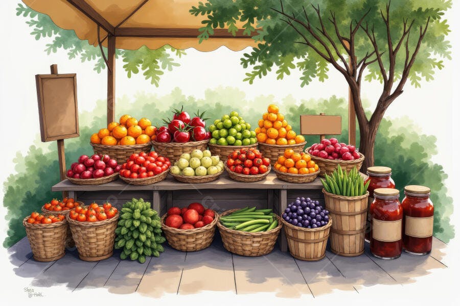 Ilustração Feira Livre Frutas Legumes Orgânicos Frescos