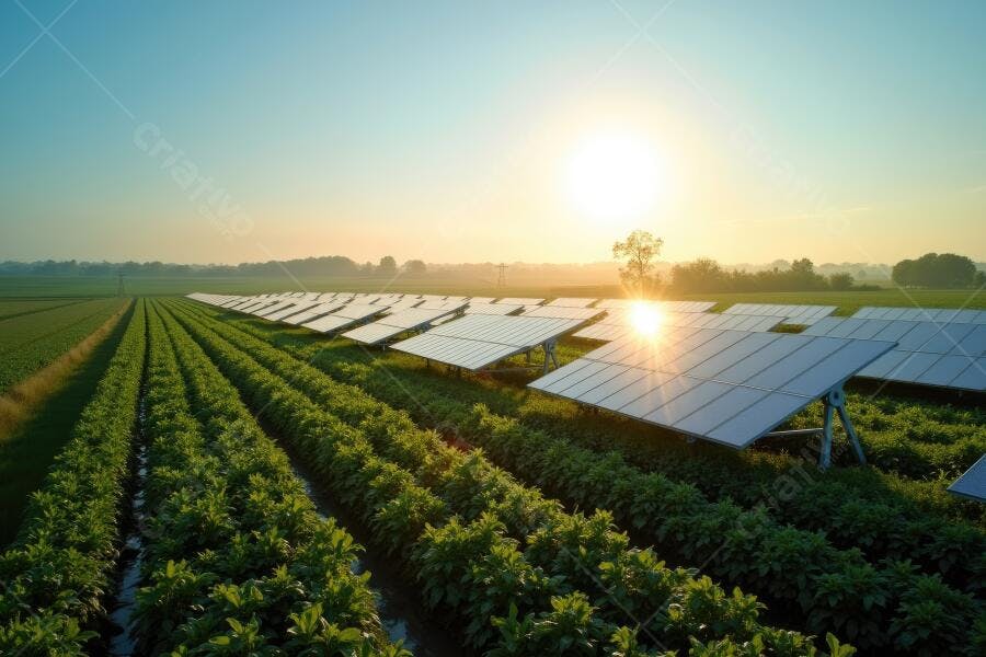 Foto Painéis Solares Campo Agrícola Pôr do Sol Energia Limpa