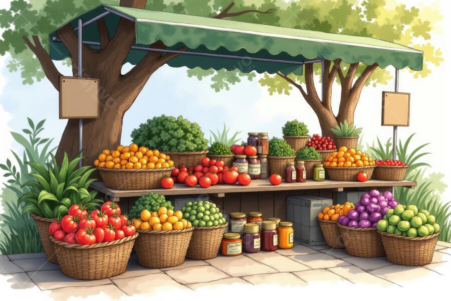 Ilustração Feira Livre Frutas e Vegetais Frescos Orgânicos